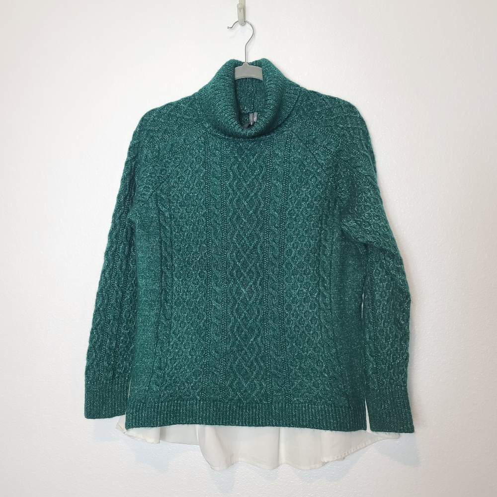 Anthropologie Green Cableknit Turtleneck Sweater Mixed Media Size Small - Picture 4 of 11